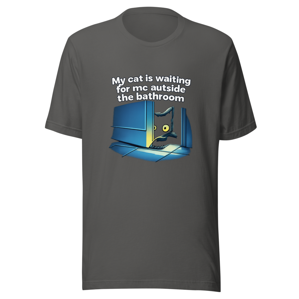 Cat Waiting Outside Bathroom Meme T-Shirt - Image 11