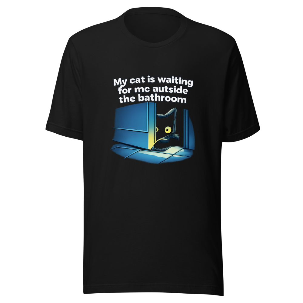 Cat Waiting Outside Bathroom Meme T-Shirt - Image 2