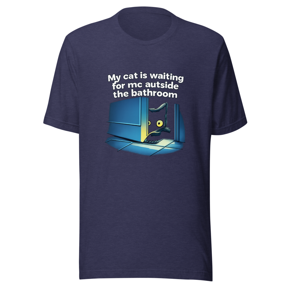 Cat Waiting Outside Bathroom Meme T-Shirt - Image 5