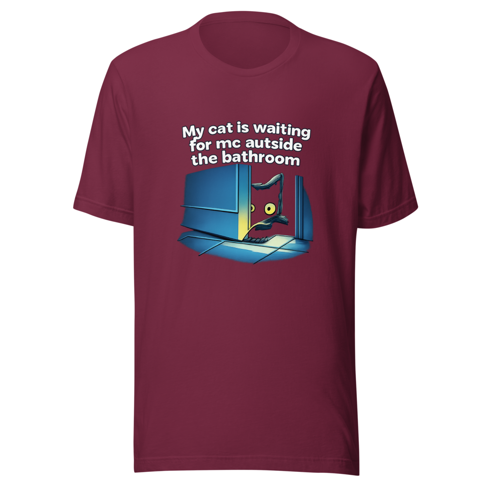 Cat Waiting Outside Bathroom Meme T-Shirt - Image 6