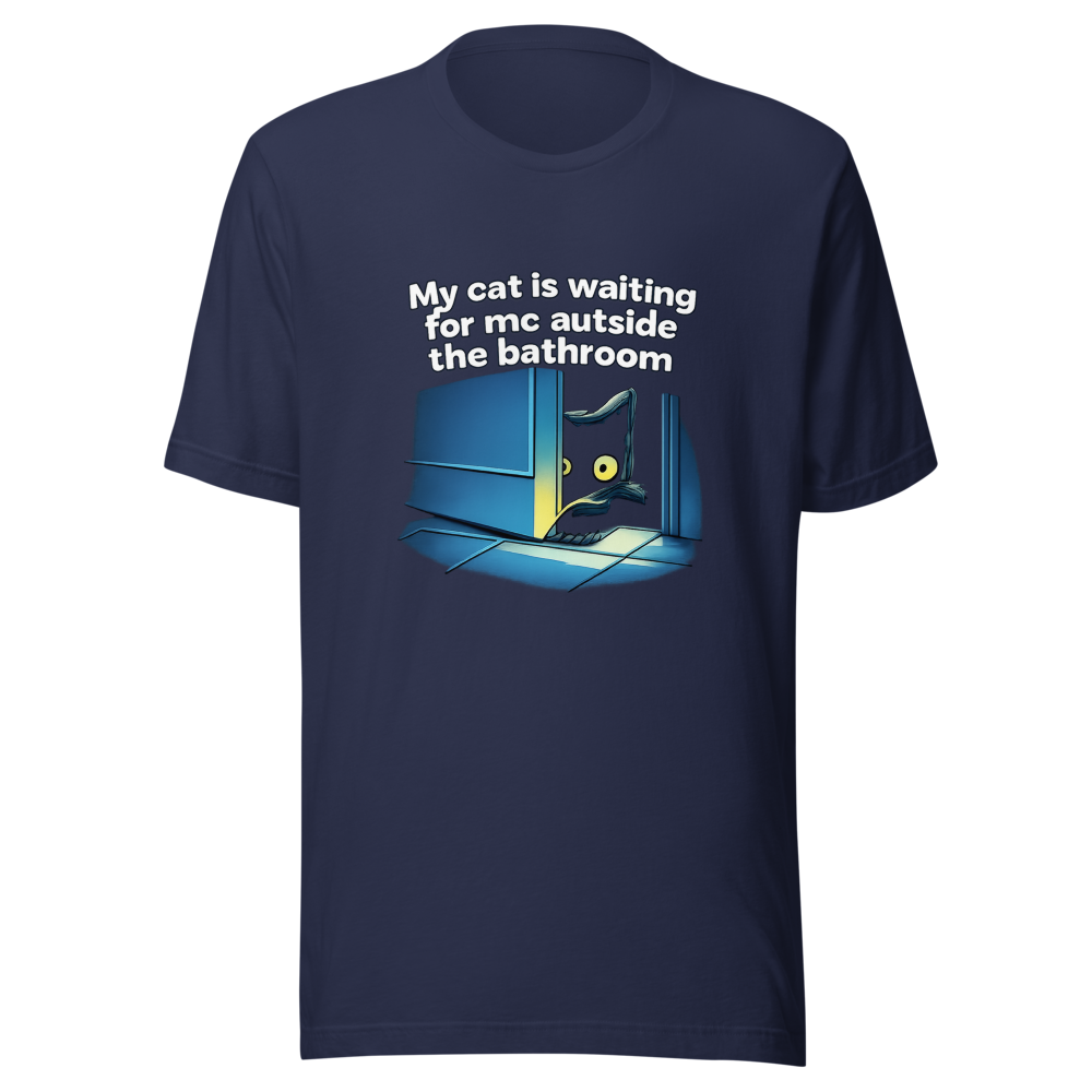 Cat Waiting Outside Bathroom Meme T-Shirt - Image 4