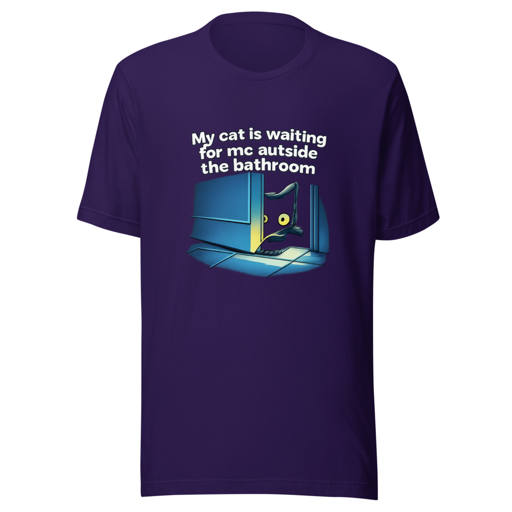 Cat Waiting Outside Bathroom Meme T-Shirt - Image 3