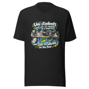 Uni Student Vibes: Laptop & Umbrella Meme Tee